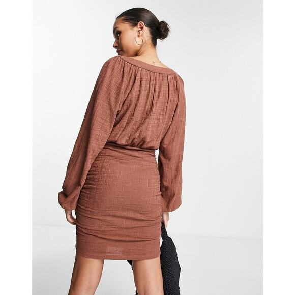 [ASOS] Brown Textured Long Balloon Sleeves Front Tie Ruched Mini Dress Size US 4 - Picture 12 of 12